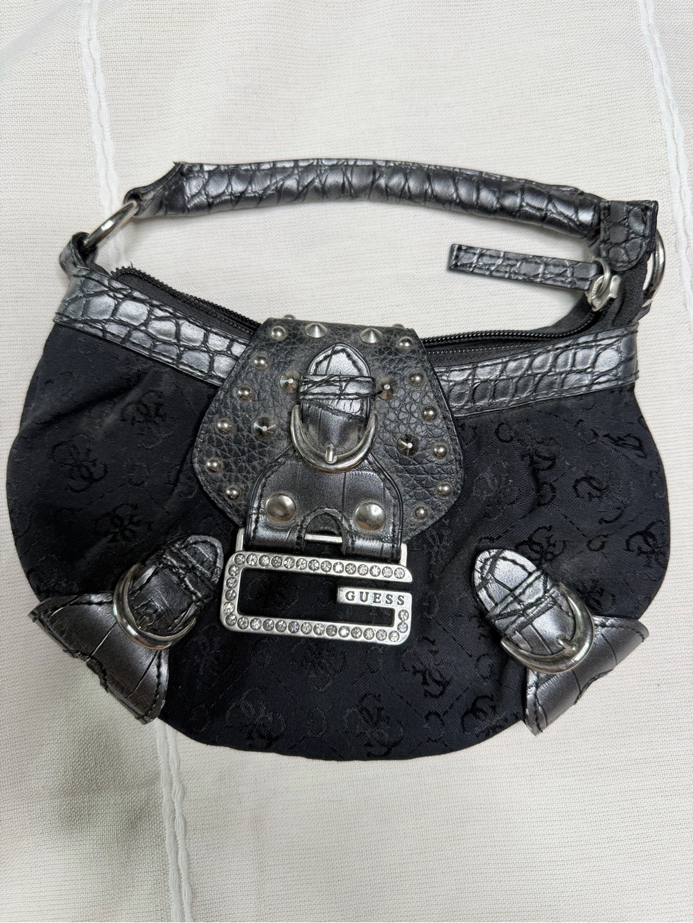 Vintage Y2K RARE GUESS Black and Gunmetal Studded Buckle Mini Shoulder Bag